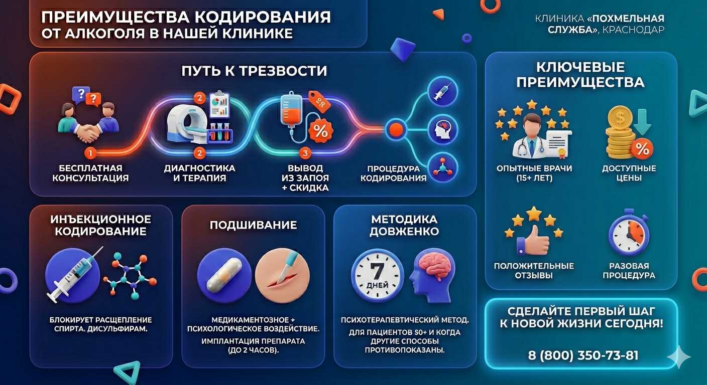 Инфографика о методах кодирования от алкоголя в Черемушках: инъекции, подшивание, метод Довженко. Преимущества клиники и этапы лечения.